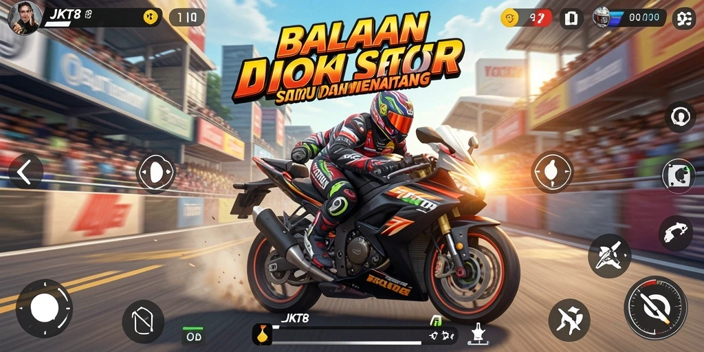 Screenshot gameplay menampilkan aksi balapan motor yang seru.