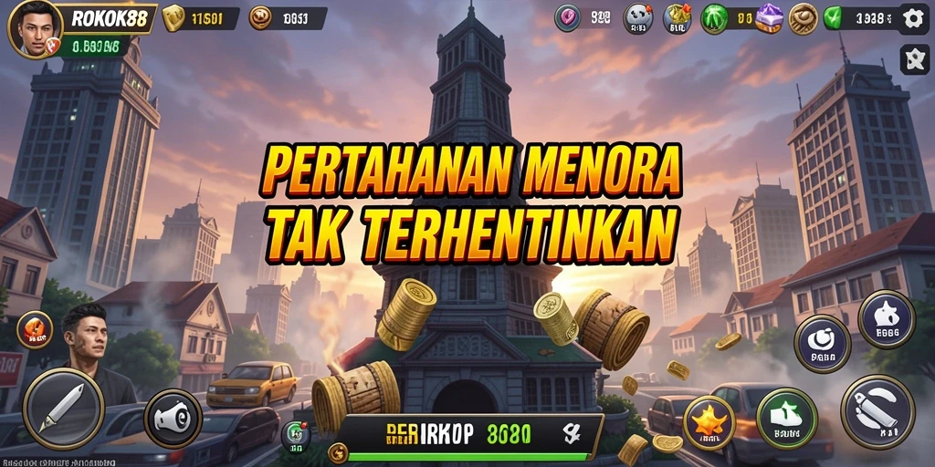 Tampilan gameplay menakjubkan dari ROKOK88: pertahanan menara yang menegangkan.