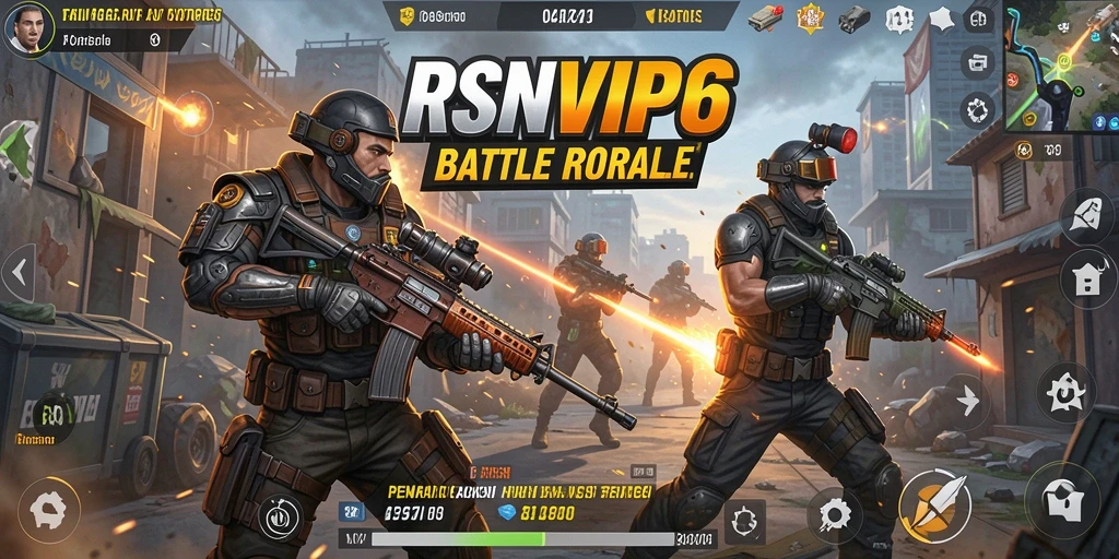 Tangkapan layar gameplay RSNVIP6 menampilkan aksi Battle Royale yang mendebarkan.