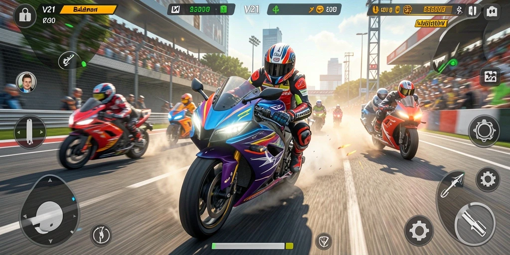 Tampilan menarik dari gameplay V21 dengan balapan motor yang seru.